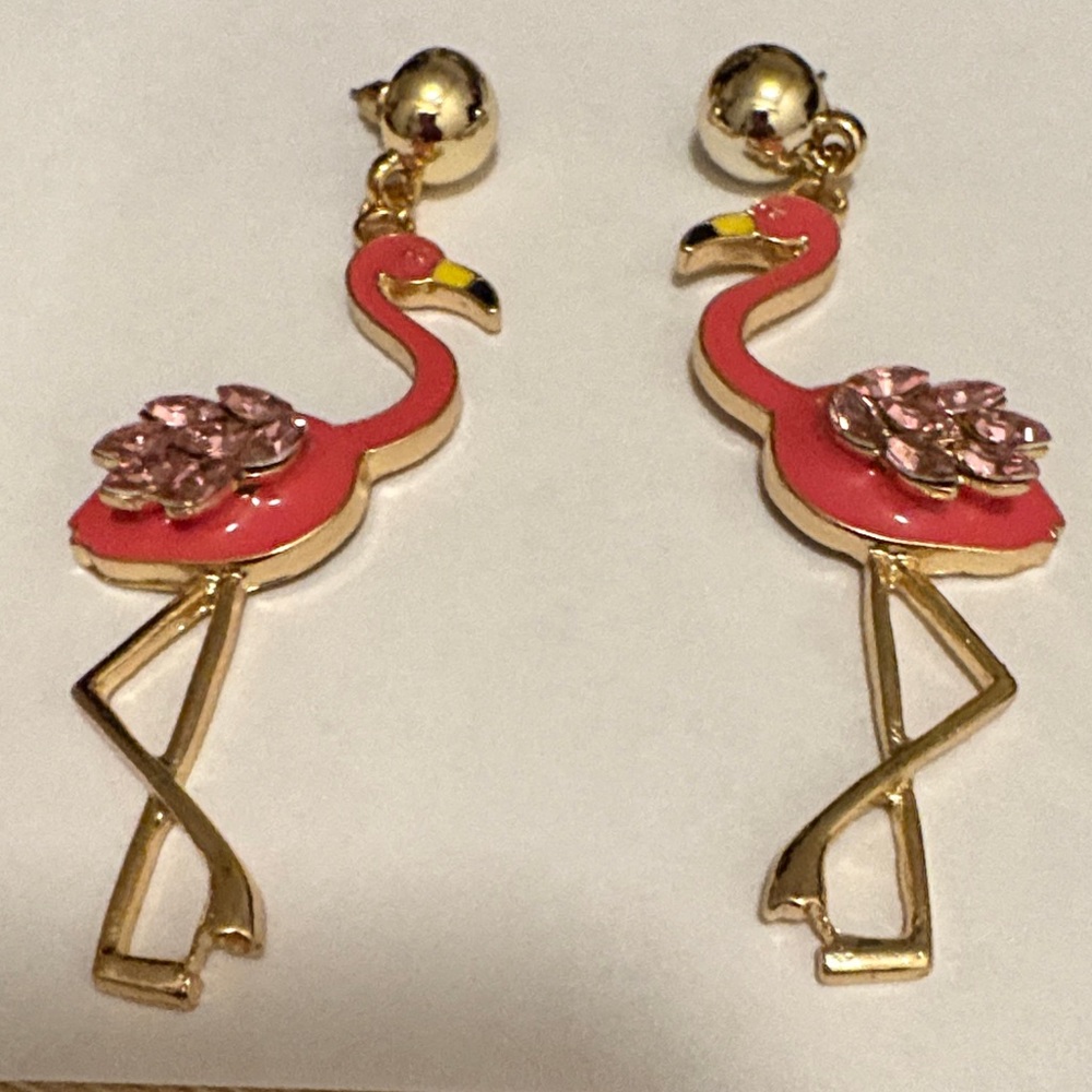 Vibrant Flamingo Earrings with crystals Gold tone